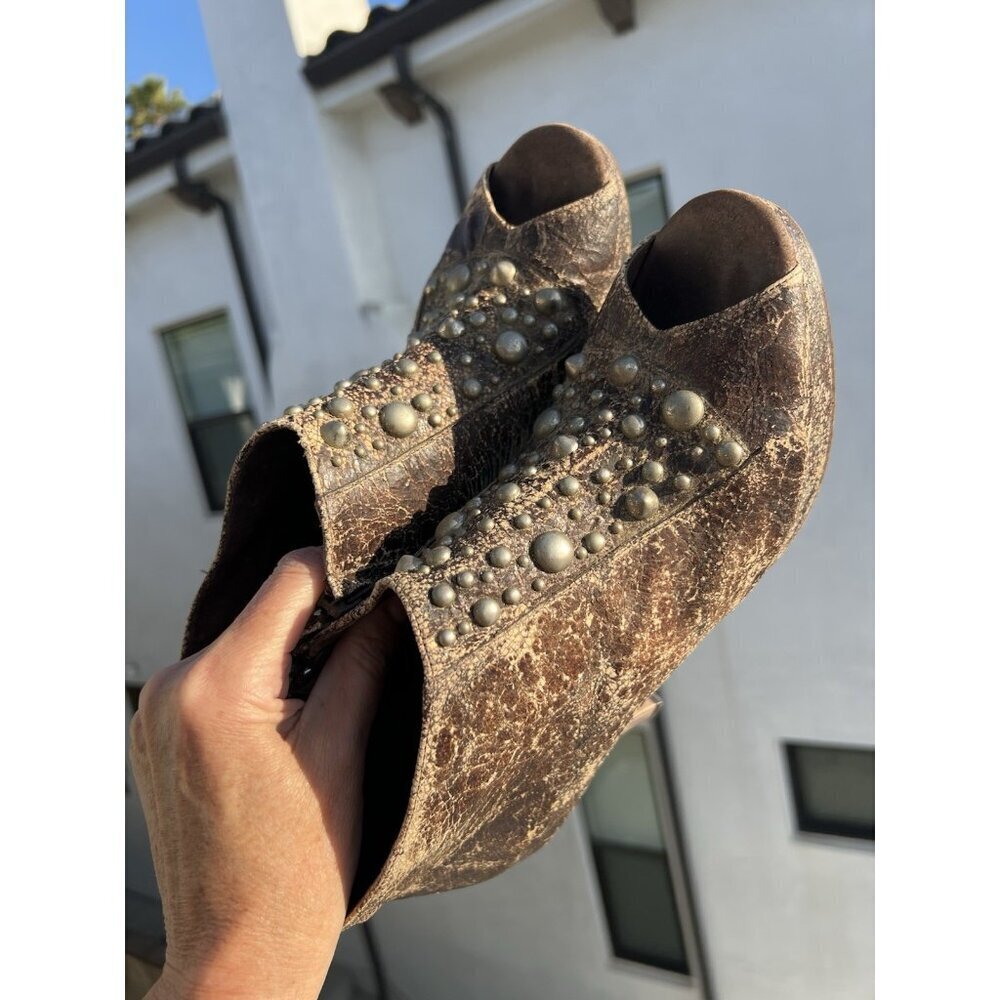 Calleen Cordero Vintage Y2K studded distressed brown leather peep toe booties 9 - Picture 2 of 15